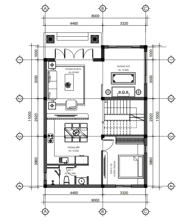 Bản vẽ bố trí công năng tầng 1 mẫu nhà 2 tầng mái bằng diện tích 88m2 có phòng thờ.