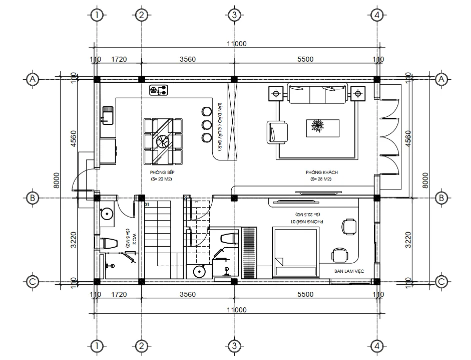 Bản vẽ bố trí công năng tầng 1 mẫu nhà 2 tầng hiện đại 8x11m diện tích 88m2.