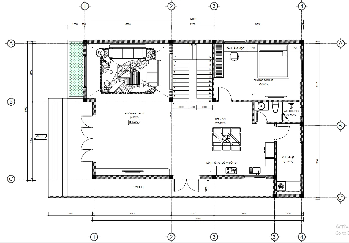 Bản vẽ bố trí công năng tầng 1 mẫu nhà 2 tầng hiện đại diện tích 137m2 với phòng khách rộng 43m2.