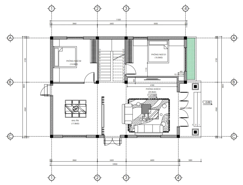 Bản vẽ mặt bằng tầng 1 mẫu nhà mái Nhật 2 tầng diện tích thiết kế 103 m2.