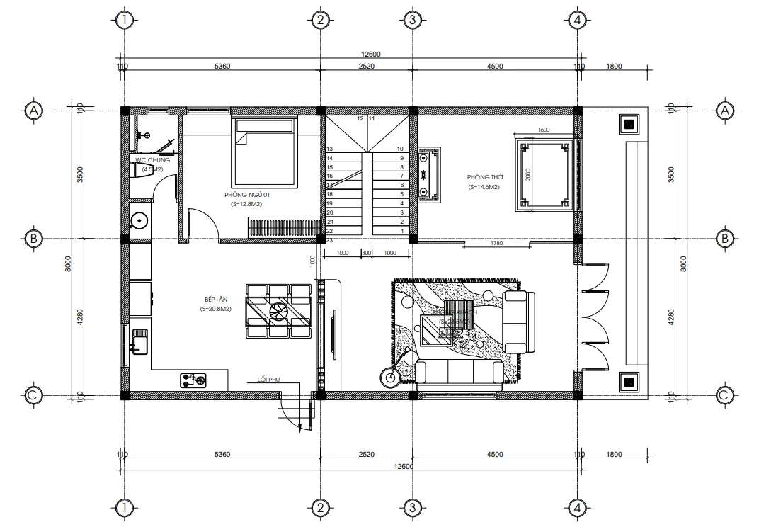 Bản vẽ bố trí công năng tầng 1 mẫu nhà mái Nhật 2 tầng gồm phòng khách và phòng thờ tầng 1 tiện lợi.