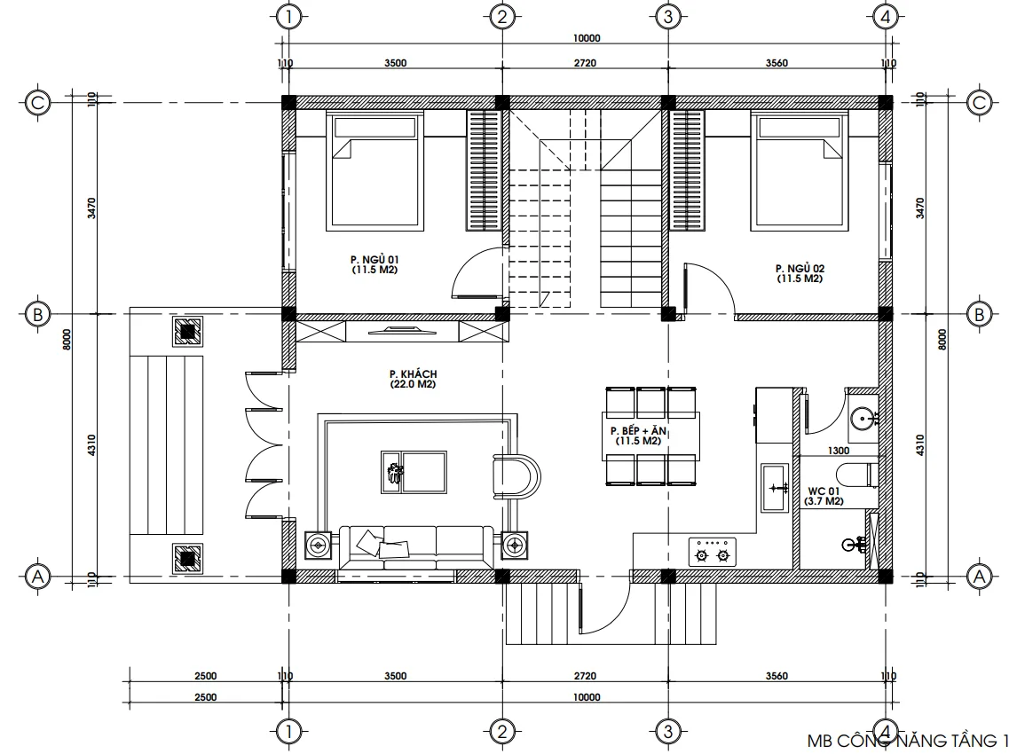 Bản vẽ bố trí công năng tầng 1 mẫu nhà 2 tầng mái Nhật diện tích 90m2 với 2 phòng ngủ.