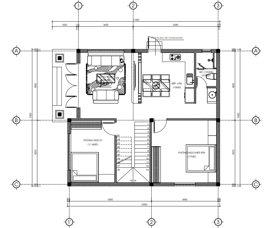 Bản vẽ chi tiết mặt bằng công năng tầng 1 mẫu nhà mái Nhật 2 tầng tân cổ điển diện tích 95m2.