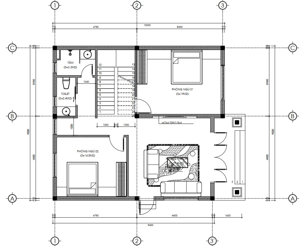 Bản vẽ bố trí công năng tầng 1 mẫu nhà 2 tầng mái Nhật đẹp diện tích 96m2
