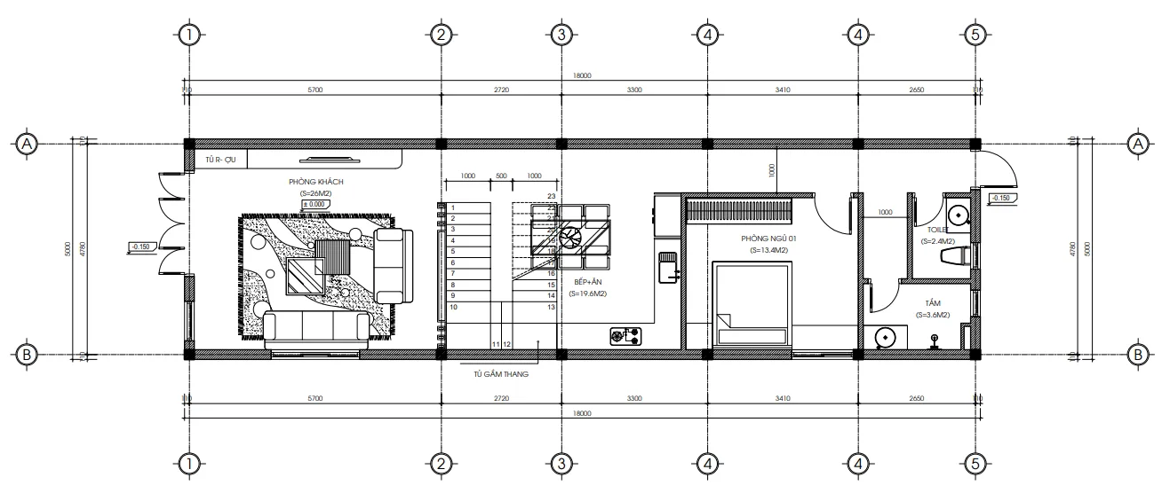 Bản vẽ bố trí công năng tầng 1 mẫu nhà ống 2 tầng hiện đại diện tích 90m2.