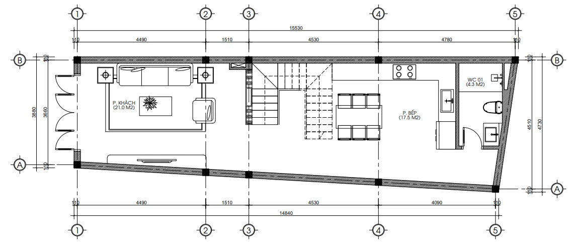 Bản vẽ bố trí công năng tầng 1 mẫu nhà ống 3 tầng 1 tum hiện đại diện tích 65m2.
