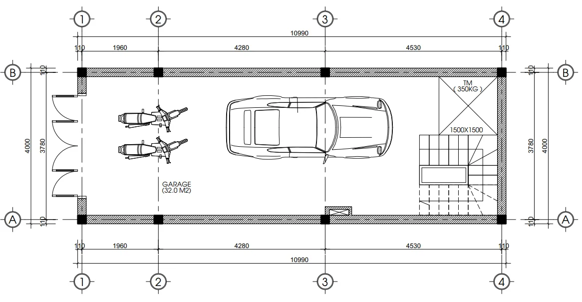 Bản vẽ bố trí công năng tầng 1 mẫu nhà ống 5 tầng đẹp có gara ô tô diện tích 44m2.