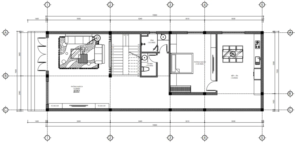 Bản vẽ mặt bằng công năng tầng 1 mẫu nhà ống 2 tầng tân cổ điển