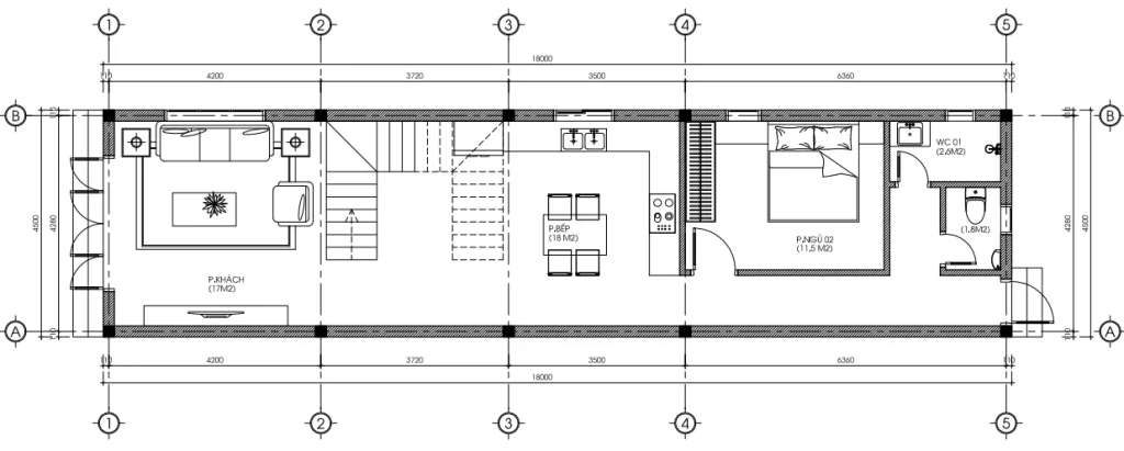 Bản vẽ mặt bằng tầng 1 mẫu nhà ống 2 tầng hiện đại diện tích 81m2 có 1 phòng ngủ.