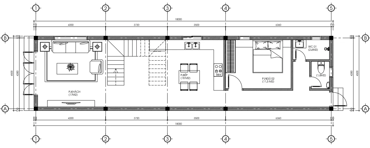 Bản vẽ mặt bằng tầng 1 mẫu nhà ống 2 tầng hiện đại diện tích 81m2 có 1 phòng ngủ.