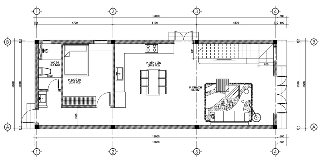 Bản vẽ bố trí công năng tầng 1 mẫu nhà ống 2 tầng tân cổ điển diện tích 85m2 gồm phòng khách và bếp liên thông.