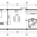 Bản vẽ bố trí công năng tầng 1 mẫu nhà ống 2 tầng tân cổ điển diện tích 85m2 gồm phòng khách và bếp liên thông.