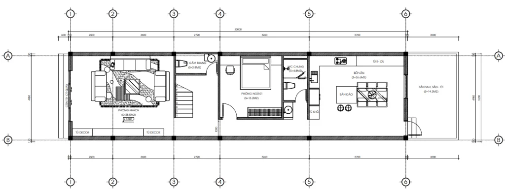 Bản vẽ bố trí công năng tầng 1 mẫu nhà phố 2 tầng hiện đại có phòng ngủ ông bà tiện dụng.
