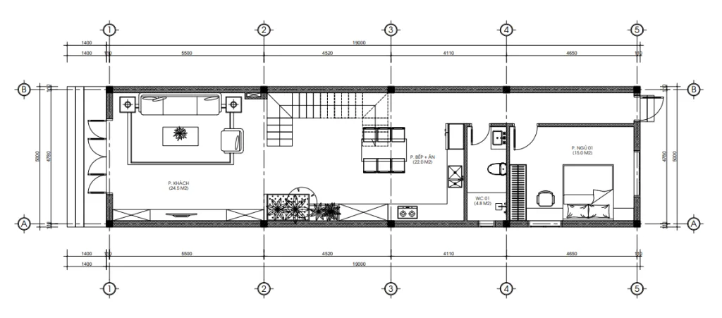Bản vẽ mặt bằng công năng tầng 1 mẫu nhà phố 3 tầng hiện đại diện tích 102 m2.