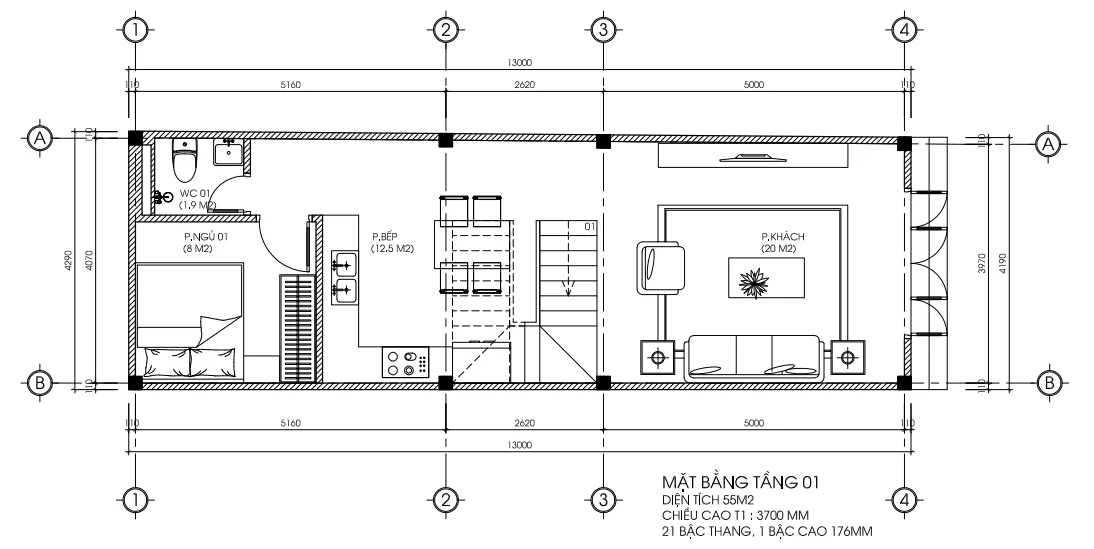 Bản vẽ mặt bằng công năng tầng 1 mẫu nhà phố 3 tầng hiện đại diện tích 55m2 có phòng ngủ.