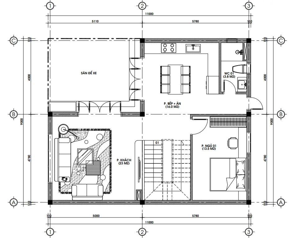 Bản vẽ bố trí công năng tầng 1 mẫu nhà phố 3 tầng hiện đại diện tích 91m2.