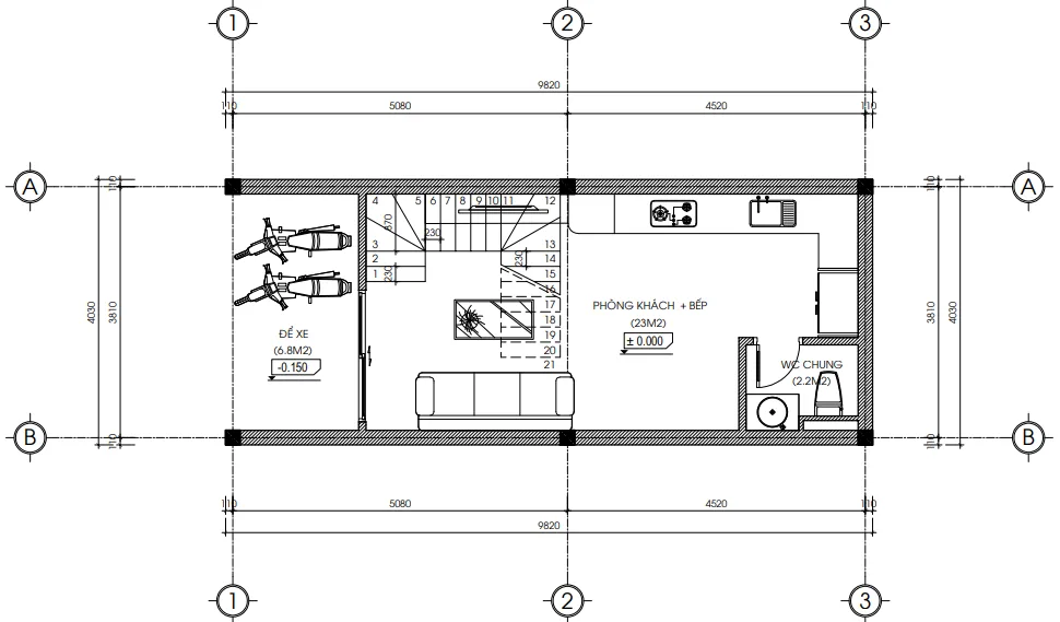 Bản vẽ bố trí công năng tầng 1 gồm phòng khách và bếp mẫu nhà phố 4x10m