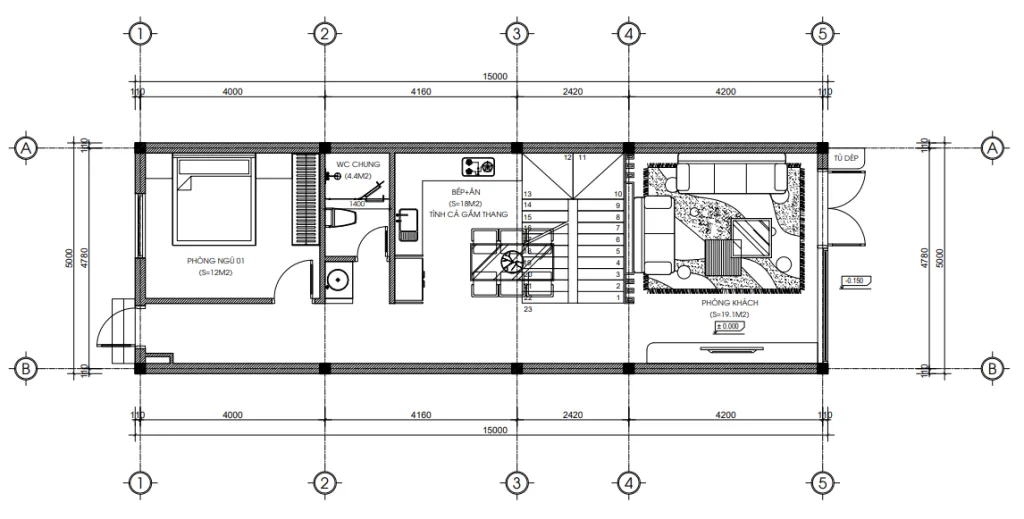 Bản vẽ chi tiết mặt bằng tầng 1 mẫu nhà phố 2 tầng 1 tum 5x15m với diện tích sàn 75m2.