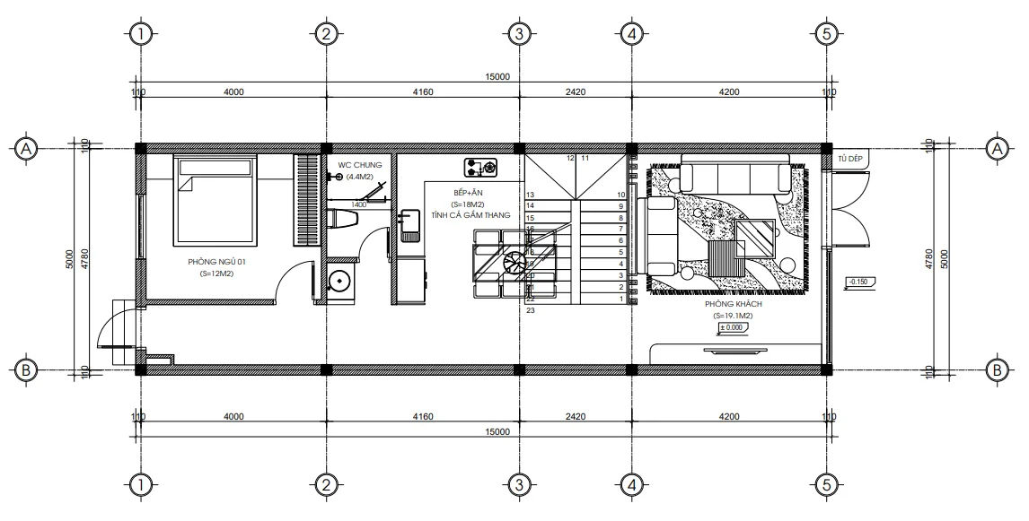 Bản vẽ chi tiết mặt bằng tầng 1 mẫu nhà phố 2 tầng 1 tum 5x15m với diện tích sàn 75m2.