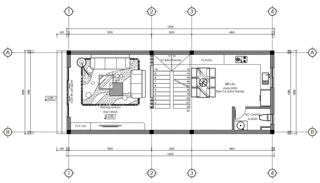 Bản vẽ bố trí công năng tầng 1 gồm phòng khách và bếp ăn diện tích 65m2.