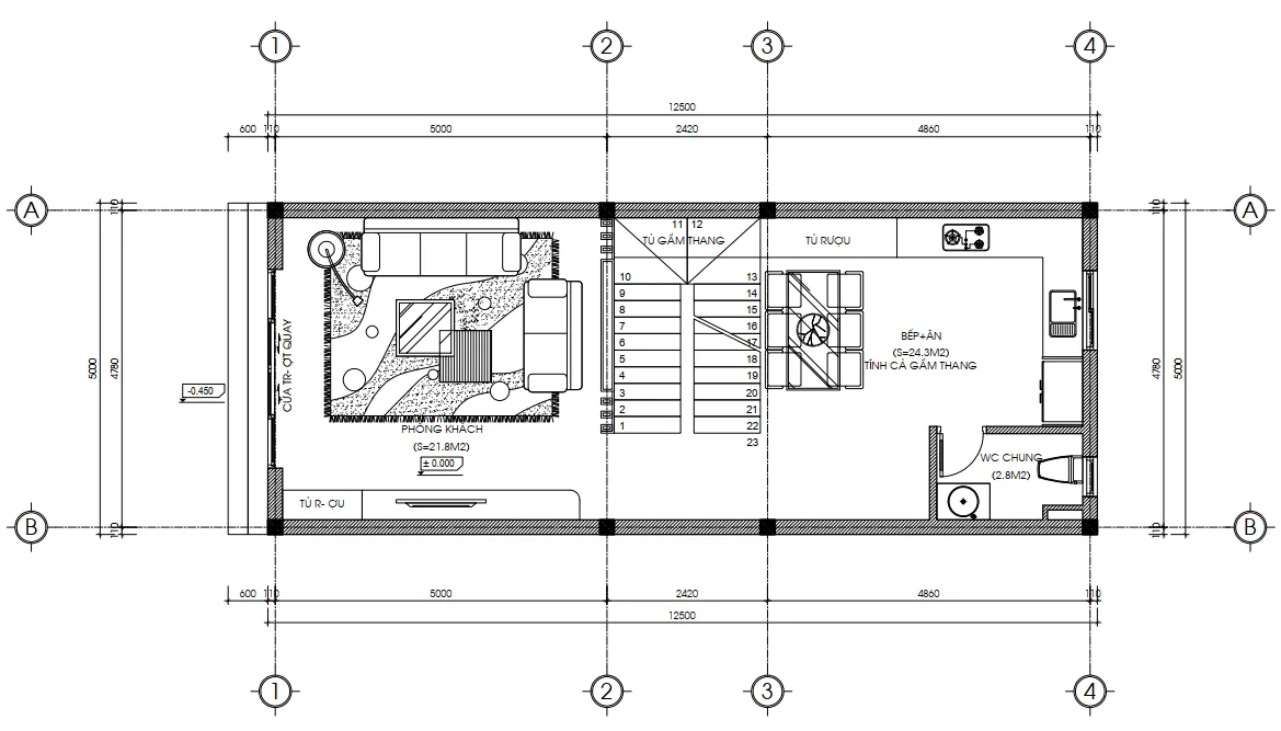 Bản vẽ bố trí công năng tầng 1 gồm phòng khách và bếp ăn diện tích 65m2.