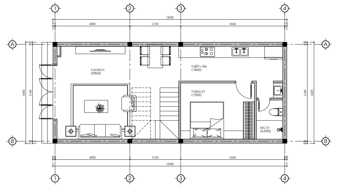 Bản vẽ bố trí công năng tầng 1 mẫu nhà phố 2 tầng 1 tum hiện đại diện tích 67.5 m2.
