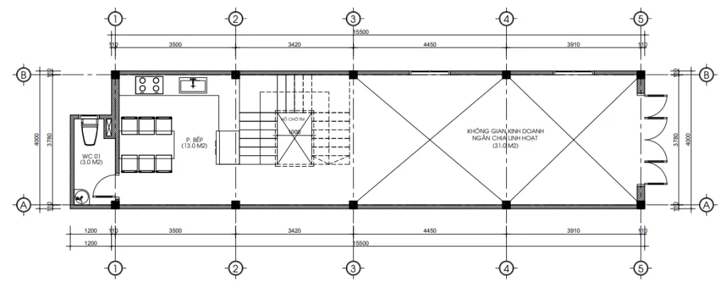 Bản vẽ bố trí công năng tầng 1 mẫu nhà phố 3 tầng 1 lửng hiện đại diện tích 67m2 kinh doanh.