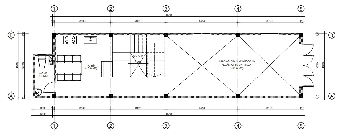 Bản vẽ bố trí công năng tầng 1 mẫu nhà phố 3 tầng 1 lửng hiện đại diện tích 67m2 kinh doanh.