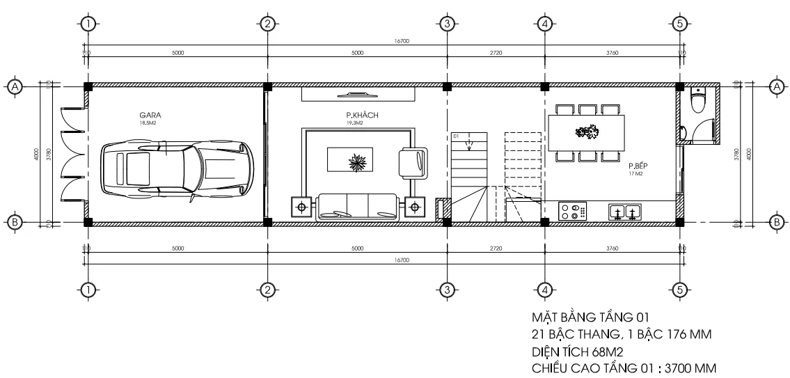 Bản vẽ bố trí công năng tầng 1 mẫu nhà phố 3 tầng tân cổ điển diện tích 68m2.