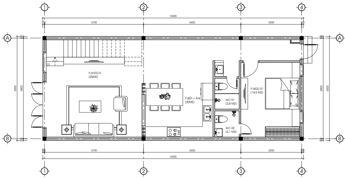 Bản vẽ bố trí công năng tầng 1 mẫu nhà phố 2 tầng hiện đại diện tích 90m2.