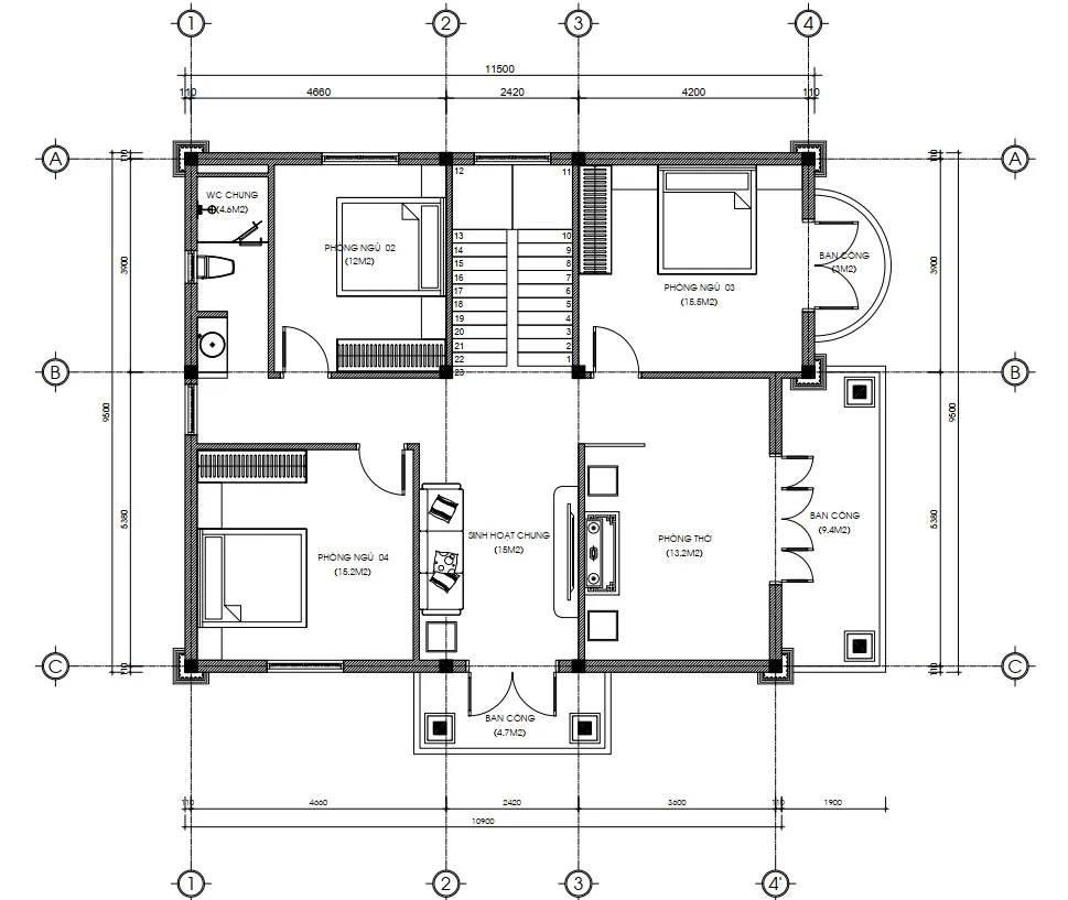 Bản vẽ chi tiết công năng tầng 2 diện tích 125m2 mẫu biệt thự 2 tầng tân cổ điển.