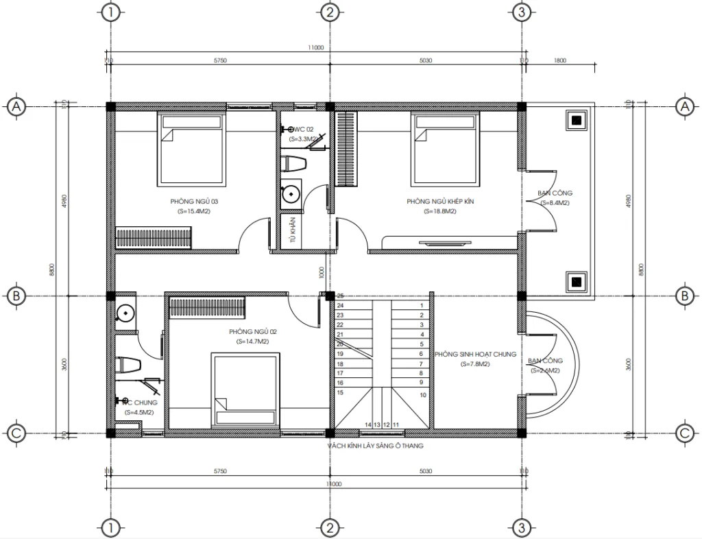 Bản vẽ bố trí công năng tầng 2 biệt thự tân cổ điển 2 tầng diện tích 109m2.