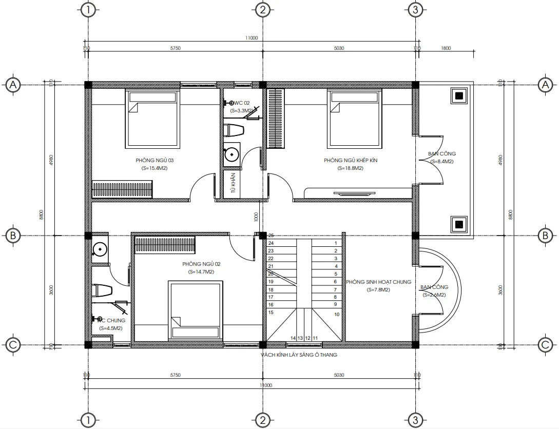 Bản vẽ bố trí công năng tầng 2 biệt thự tân cổ điển 2 tầng diện tích 109m2.