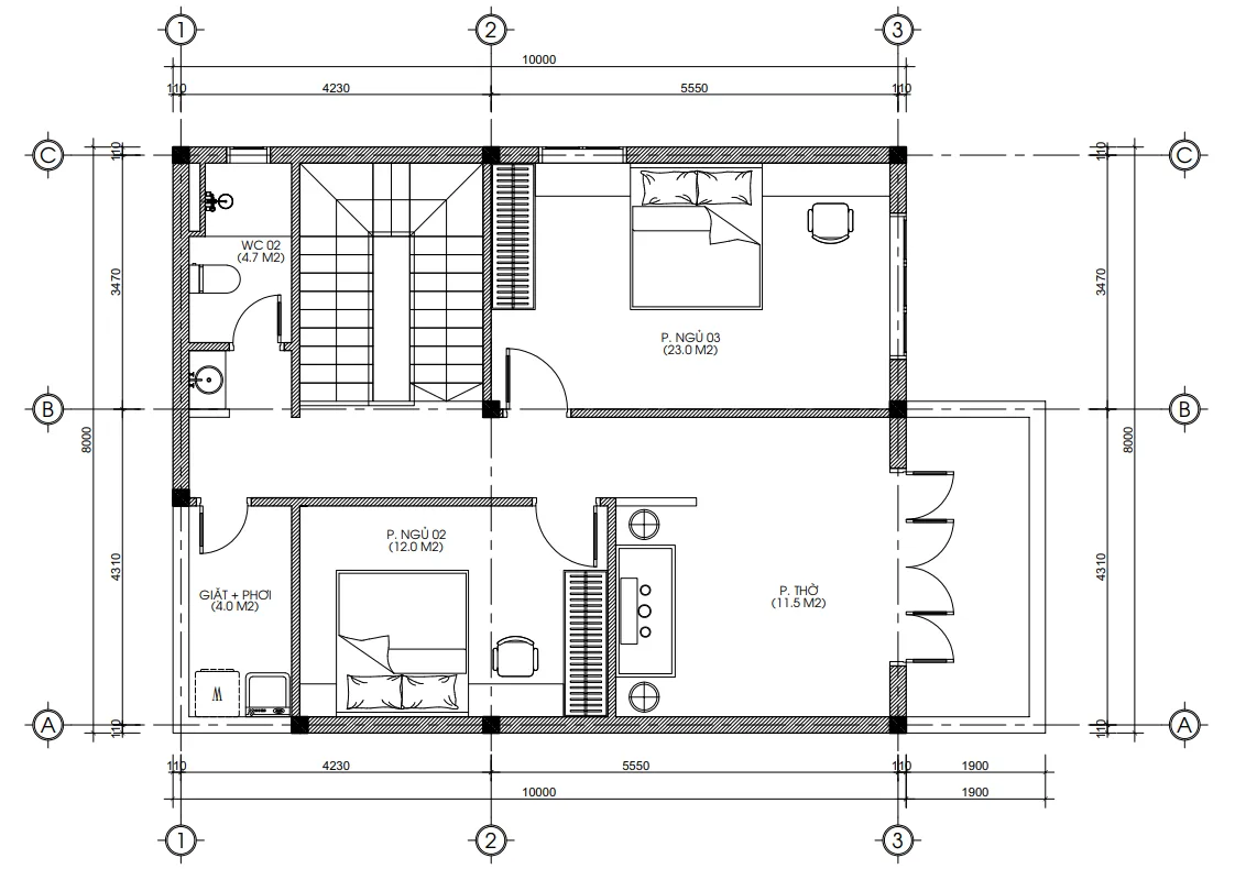 Bản vẽ bố trí công năng tầng 2 mẫu nhà 2 tầng mái Thái đẹp diện tích 90m2 