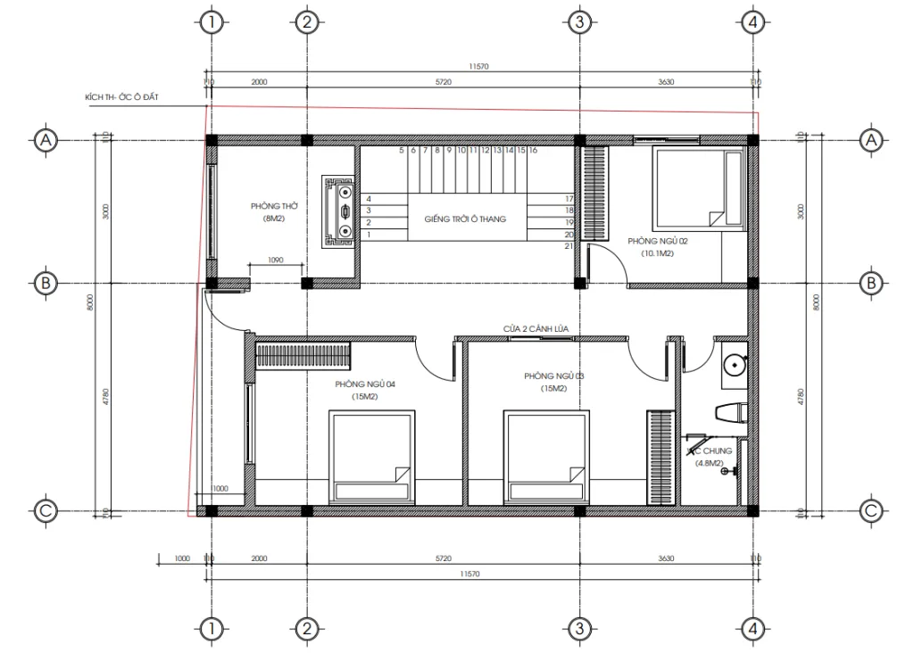 Bản vẽ bố trí công năng tầng 2 mẫu nhà phố 3 tầng hiện đại diện tích 93m2