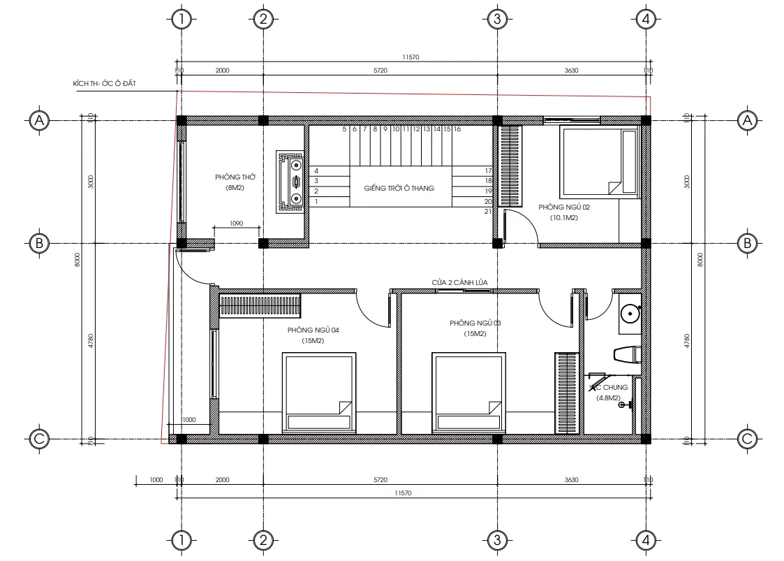 Bản vẽ bố trí công năng tầng 2 mẫu nhà phố 3 tầng hiện đại diện tích 93m2