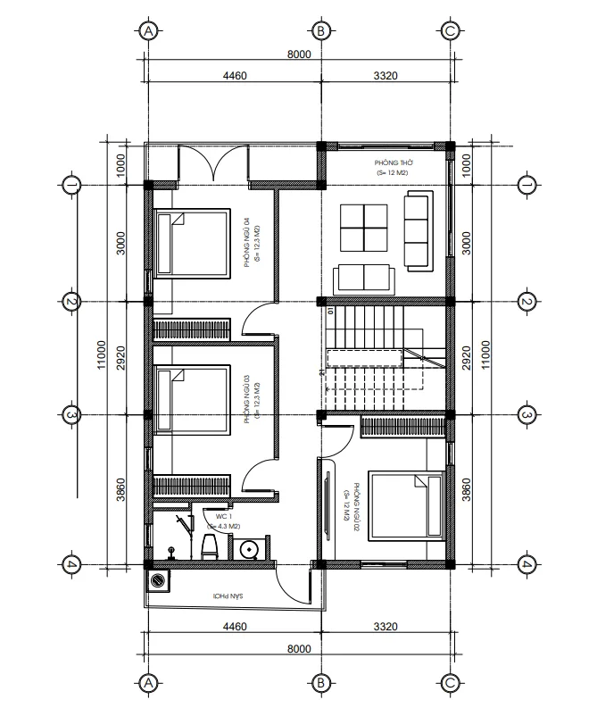 Bản vẽ bố trí công năng tầng 2 mẫu nhà 2 tầng mái bằng diện tích 88m2.