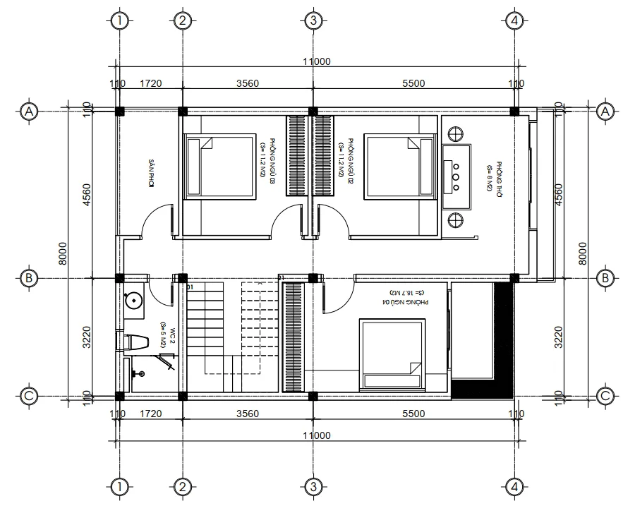Bản vẽ bố trí công năng tầng 2 mẫu nhà 2 tầng hiện đại 8x11m diện tích 88m2.