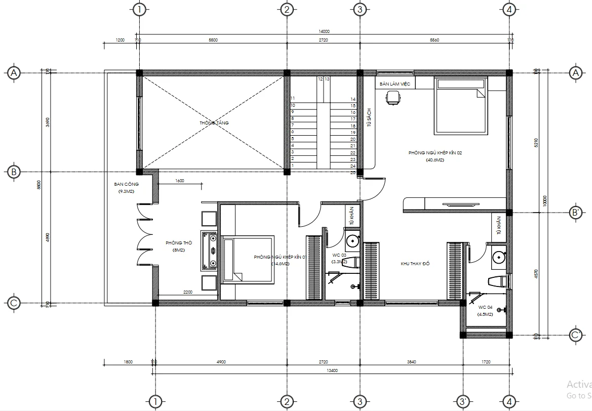 Bản vẽ bố trí công năng tầng 2 mẫu nhà 2 tầng hiện đại diện tích 120m2 với phòng thờ trang nghiêm.