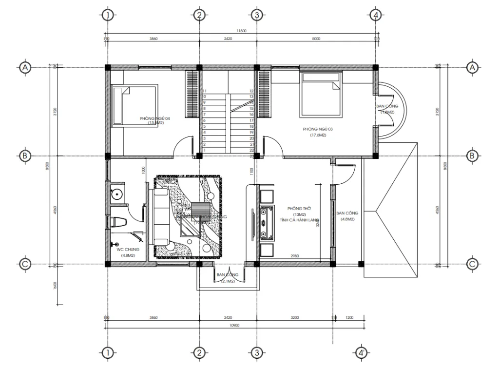 Bản vẽ mặt bằng tầng 2 mẫu nhà mái Nhật 2 tầng diện tích thiết kế 95 m2.