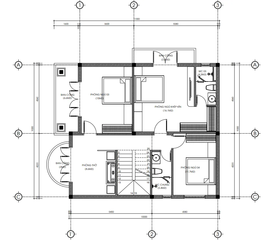 Bản vẽ chi tiết mặt bằng công năng tầng 2 mẫu nhà mái Nhật 2 tầng tân cổ điển diện tích 102m2.