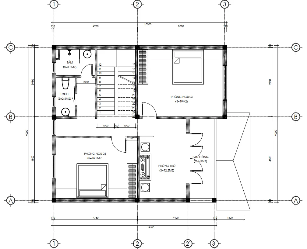Bản vẽ bố trí công năng tầng 2 mẫu nhà 2 tầng mái Nhật đẹp diện tích 80m2