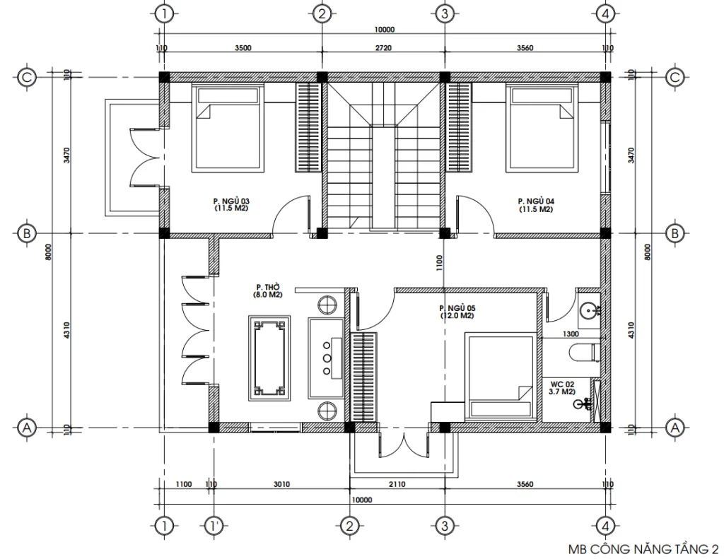 Bản vẽ bố trí công năng tầng 2 mẫu nhà 2 tầng mái Nhật diện tích 80m2 với 3 phòng ngủ.