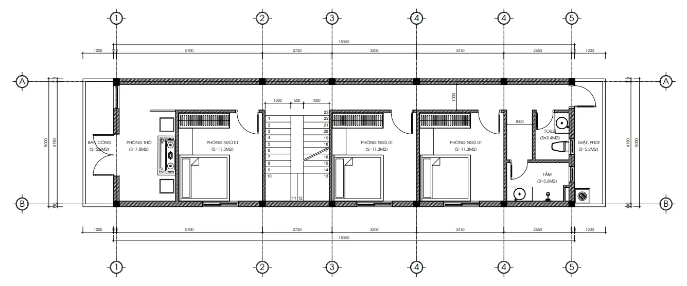 Bản vẽ bố trí công năng tầng 2 mẫu nhà ống 2 tầng hiện đại diện tích 102m2.