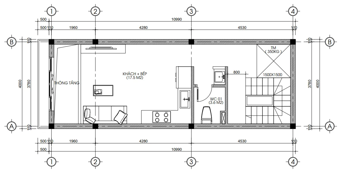 Bản vẽ bố trí công năng tầng 2 mẫu nhà ống 5 tầng đẹp diện tích 46m2.