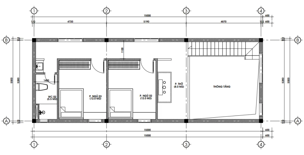 Bản vẽ bố trí công năng tầng 2 mẫu nhà ống 2 tầng tân cổ điển diện tích 55m2.