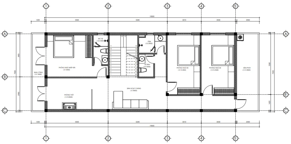 Bản vẽ mặt bằng công năng tầng 2 mẫu nhà ống 2 tầng tân cổ điển