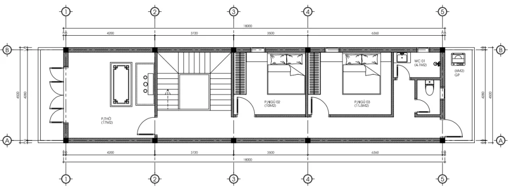 Bản vẽ mặt bằng tầng 2 mẫu nhà ống 2 tầng hiện đại diện tích 81m2 có phòng thờ và 2 phòng ngủ.