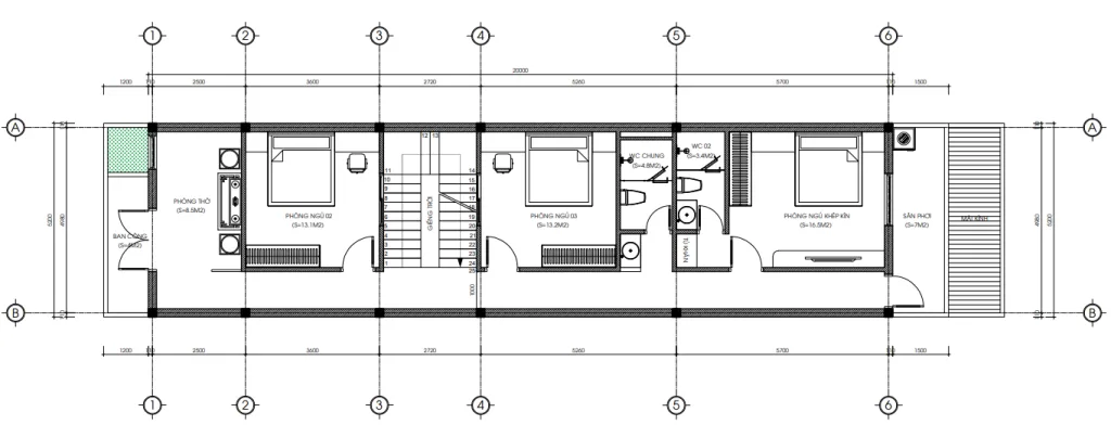 Chi tiết mặt bằng tầng 2 mẫu nhà phố 2 tầng hiện đại bố trí 3 phòng ngủ và phòng thờ trang nghiêm.
