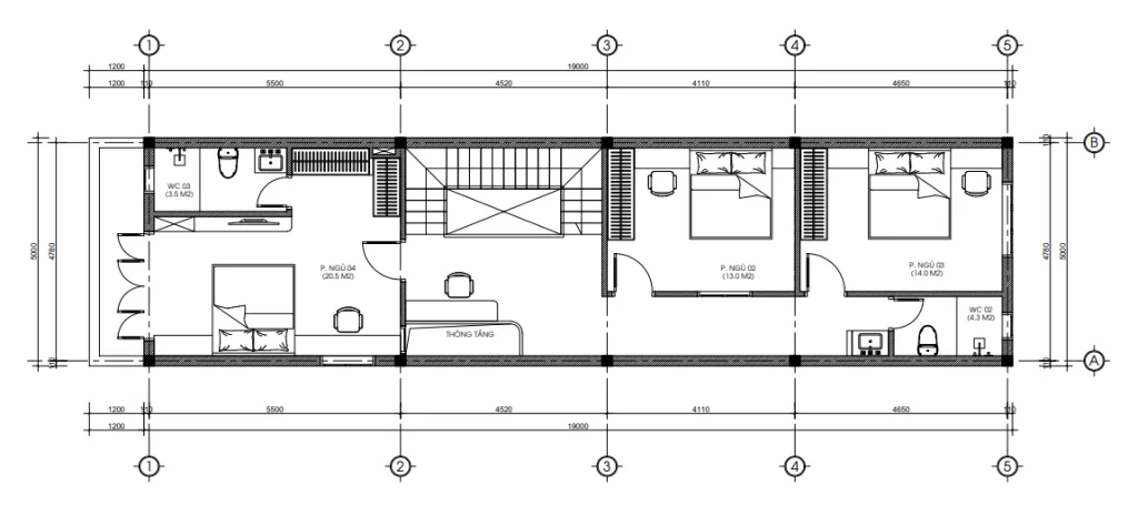 Bản vẽ mặt bằng công năng tầng 2 mẫu nhà phố 3 tầng hiện đại diện tích 100m2.